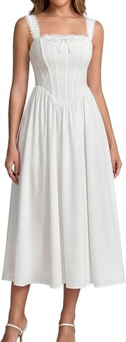 EYNMIN Floral Corset Midi Wedding Guest Dresses for Women 2026 Summer Lace Up Flowy Milkmaid Bridal Shower Engagement Dress in Saudi Arabia