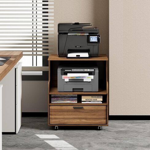 Rolling Printer Stand with Drawer and 3-Tier Storage Shelves, Mobile Wood 3D Printer Cart Under Desk with Wheels, for Home Office Small Spaces Organization, Walnut in Saudi Arabia