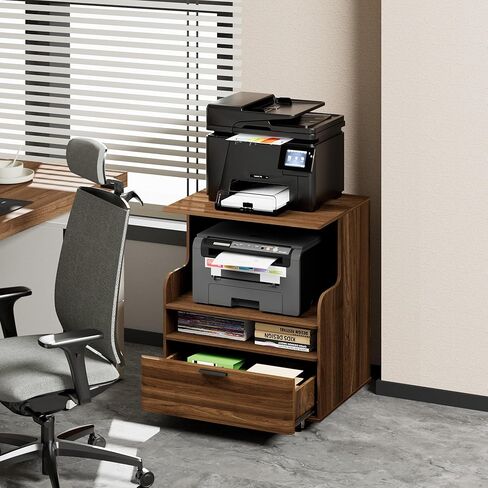 Rolling Printer Stand with Drawer and 3-Tier Storage Shelves, Mobile Wood 3D Printer Cart Under Desk with Wheels, for Home Office Small Spaces Organization, Walnut in Saudi Arabia