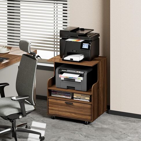 Rolling Printer Stand with Drawer and 3-Tier Storage Shelves, Mobile Wood 3D Printer Cart Under Desk with Wheels, for Home Office Small Spaces Organization, Walnut in Saudi Arabia