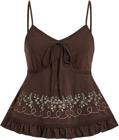 SOLY HUX Women's Floral Embroidery Cami Tops Tie Front Ruffle Hem Summer Camisole in Saudi Arabia