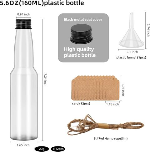 6Pcs Thin height 5.6oz Plastic Sand Art empty Bottles with Black metal seal cover Wish Message Bottle Containers Clear Potion Bottles with Plastic Funnels for DIY Craft Wedding Birthday Party (6) in Saudi Arabia