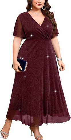 ZOMVA Plus Size Sparkly Maxi Dress V-Neck Wrap Ruffle Sleeve A-Line Glitter Gown Wedding Guest Cocktail Evening Party in Saudi Arabia
