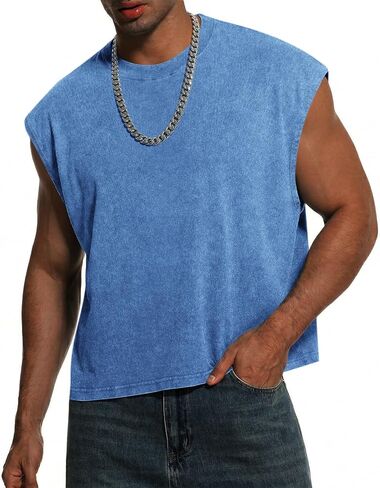 Mens Acid Wash Cropped Tank Tops Dolman Sleeve T Shirt Oversized Vintage Muscle Sleeveless Boxy Tees Crop Top in Saudi Arabia