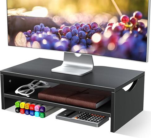 حامل شاشة للمكتب، حامل كمبيوتر محمول بطبقتين لشاشة الكمبيوتر الشخصي، iMac، حامل شاشة خشبي لسطح المكتب مع منظم تخزين للمكتب المنزلي، أبيض in Kuwait