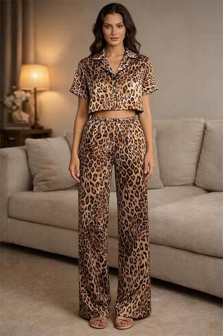 Women's Pajama Set Short Top and Long Pants Pajama Set Button-Up Pajamas Leopard Print Sexy Set in Saudi Arabia