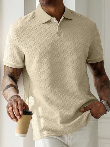 Mens Knit Polo Shirts Short Sleeve Hollow Out Knit Shirt Casual Golf Texture Knitted Vacation Beach Button in Saudi Arabia