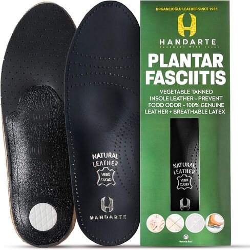 HANDARTE Leather Plantar Fasciitis Insoles | High Arch Support Inserts for Men | Overpronation Insoles for Flat Feet & Metatarsalgia Relief | Anti Odor - Durable - Anti Slip (US M10 | EU44) in Saudi Arabia
