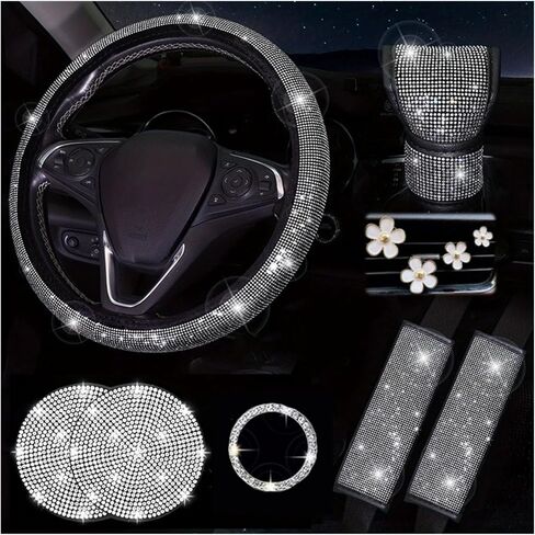 Car Accessories Set for Women, 11 Pieces Bling Interior Decor Kit, Sparkly Steering Wheel Cover, Rhinestone Seat Belt Covers,Daisy Air Vent Clips, Universal Fit,Cute Interior Full Kit (White Diamond) in Saudi Arabia