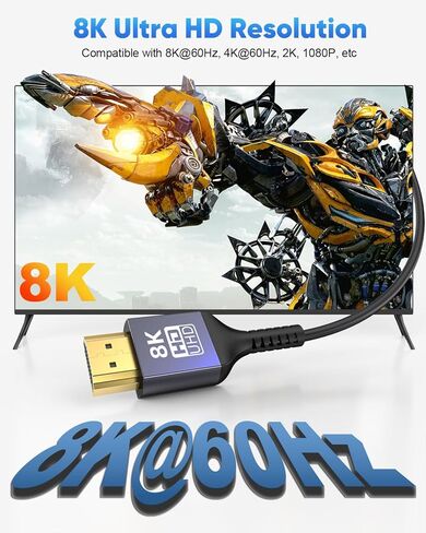 كابل HDMI رفيع للغاية 10FT 8K، كابل HDMI نحيف 48 جيجابت في الثانية سلك HDMI 2.1 مرن [8K@60 هرتز، 4K@120 هرتز، HDR10+، eARC، ثلاثي الأبعاد، HDCP2.3] متوافق مع تلفزيون Apple/تلفزيون مثبت على الحائط/Roku/DVD/PS5/شاشة in Kuwait