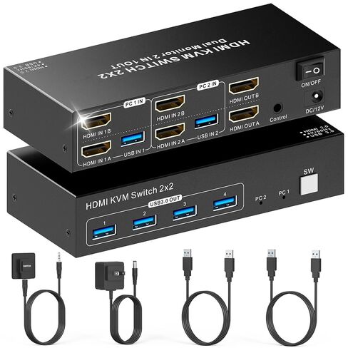 HDMI KVM Switch 4 Computers 1 Monitor, 8K@60Hz HDMI KVM Switcher Share Keyboard,Mouse for Office with 3 USB 3.0+1 USB-C Ports,EDID/HDCP Adaptive,4 USB Cables and Desktop Controller Included in Kuwait