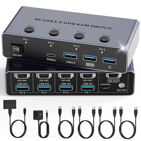 HDMI KVM Switch 4 أجهزة كمبيوتر 1 شاشة، 8K@60 هرتز HDMI KVM Switcher Share لوحة المفاتيح، ماوس للمكتب مع 3 منافذ USB 3.0+1 USB-C، EDID/HDCP متكيف، 4 كابلات USB ووحدة تحكم سطح المكتب متضمنة in Kuwait