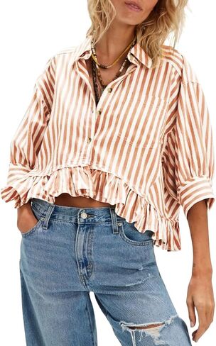 Womens Cropped Striped Shirts Button Down Half Sleeve Ruffle Bottom V Neck Casual Summer Blouse Tops in Saudi Arabia