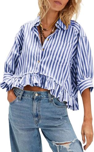 Womens Cropped Striped Shirts Button Down Half Sleeve Ruffle Bottom V Neck Casual Summer Blouse Tops in Saudi Arabia