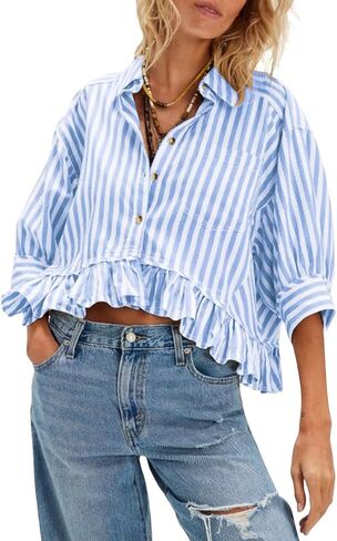 Womens Cropped Striped Shirts Button Down Half Sleeve Ruffle Bottom V Neck Casual Summer Blouse Tops in Saudi Arabia
