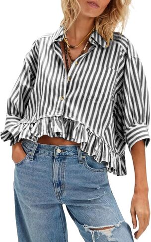 Womens Cropped Striped Shirts Button Down Half Sleeve Ruffle Bottom V Neck Casual Summer Blouse Tops in Saudi Arabia
