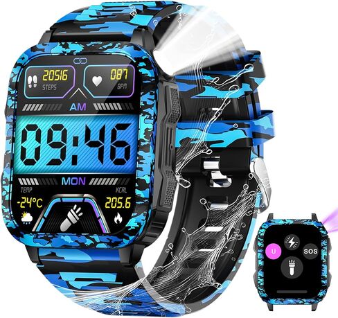 Military Smart Watch for Men with LED Flashlight/UV Light 3ATM Waterproof 1.96" Big Screen Rugged Tactical Smartwatch with Text and Call Fitness Tracker with HR/Sleep Monitor for iPhone Android in Saudi Arabia