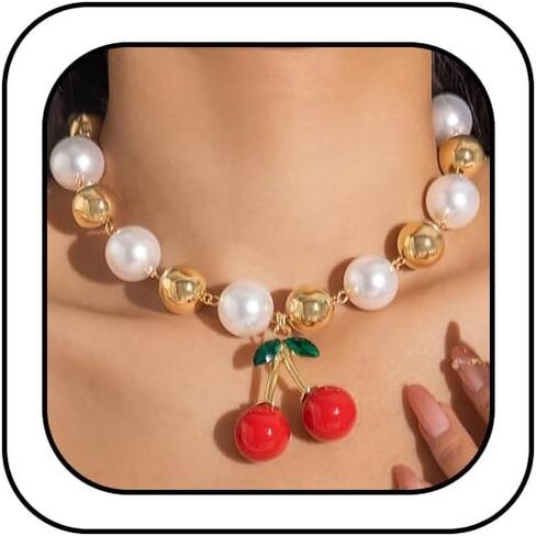 Exquisite Gold Beads Pearl Choker Necklaces for Women Trendy, Cute Beaded Pearls Red Cherry Leaf Pendant Necklace Simple Charming Party Jewelry Gifts in Saudi Arabia