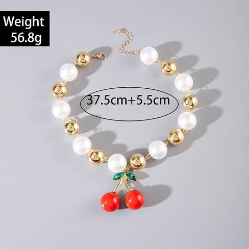 Exquisite Gold Beads Pearl Choker Necklaces for Women Trendy, Cute Beaded Pearls Red Cherry Leaf Pendant Necklace Simple Charming Party Jewelry Gifts in Saudi Arabia