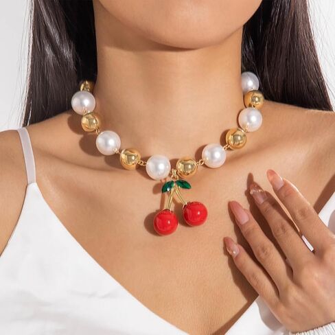Exquisite Gold Beads Pearl Choker Necklaces for Women Trendy, Cute Beaded Pearls Red Cherry Leaf Pendant Necklace Simple Charming Party Jewelry Gifts in Saudi Arabia