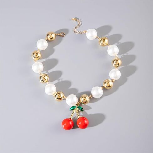 Exquisite Gold Beads Pearl Choker Necklaces for Women Trendy, Cute Beaded Pearls Red Cherry Leaf Pendant Necklace Simple Charming Party Jewelry Gifts in Saudi Arabia