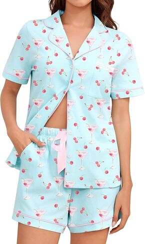 Bloggerlove 100% Cotton Pajamas for Women Set 2 Piece Soft Short Sleeve Pjs Button Down Lounge Sets with Pockets in Saudi Arabia