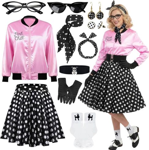 1950s Polka Dot Pink Satin Jacket Set with Accessories Vintage-Inspired 50s Style Skirt Halloween Cosplay in Saudi Arabia