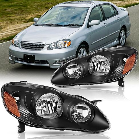 زوج تجميع المصابيح الأمامية لسيارة 2003 2004 2005 2006 2007 2008 Toyota Corolla (E130 الجيل التاسع) CE/LE/S سيدان استبدال المصابيح الأمامية للسائق وجانب الركاب (LH RH)، عاكس كهرماني لغطاء الكروم in Kuwait