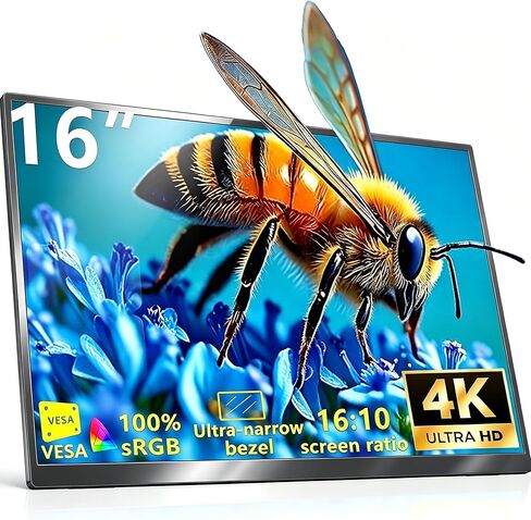 شاشة محمولة مقاس 16 بوصة بدقة 4K UHD 3840×2160 400 Nits 1500:1 شاشة ألعاب متباينة، شاشة ثانية خارجية IPS HDR، شاشة محمولة بدقة 4K لأجهزة الكمبيوتر المحمول/Mac/PC/PS5/Xbox مع حامل مكبرات الصوت، متوافقة مع VESA in Kuwait