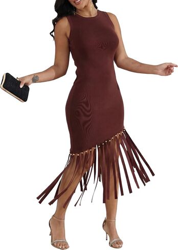 Ryehack Women’s Vintage Sleeveless Knit Bodycon Midi Dress Asymmetrical Fringe Hem & Metal Bead Detail Cocktail Party Dress in Saudi Arabia