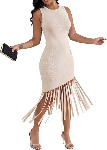 Ryehack Women’s Vintage Sleeveless Knit Bodycon Midi Dress Asymmetrical Fringe Hem & Metal Bead Detail Cocktail Party Dress in Saudi Arabia