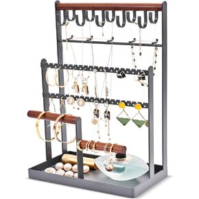 منظم المجوهرات المعلقة من لولاليت مع رف خشبي، حامل مجوهرات مثبت على الحائط بـ 6 طبقات مع حامل أقراط وأساور وقلائد وخطافات ورف عرض مجوهرات للحمام الجداري - أسود in Kuwait