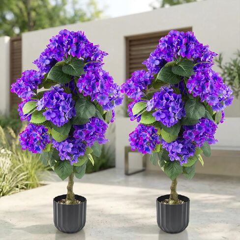 2 Pcs 3 Ft Artificial Hydrangea Trees Potted, UV Resistant Faux Silk Hydrangea Plant in Pot for Indoor Outdoor Decoration, Hydrangea Topiary for Garden Office Home Porch Patio Decor (2, White) in Saudi Arabia