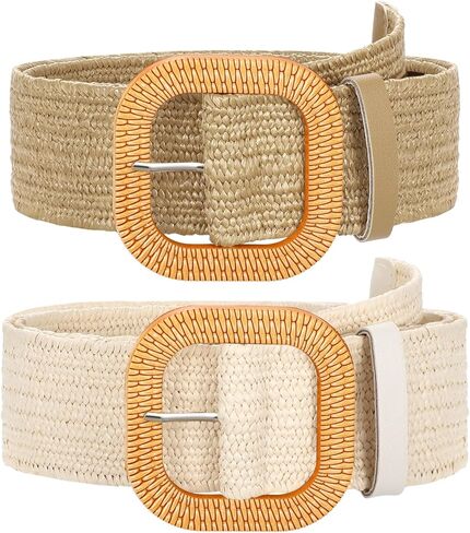 SUOSDEY 2 Pack Straw Woven Elastic Belt Braided Stretch Wide Boho Rattan Waist Belt for Women Dresses in Saudi Arabia