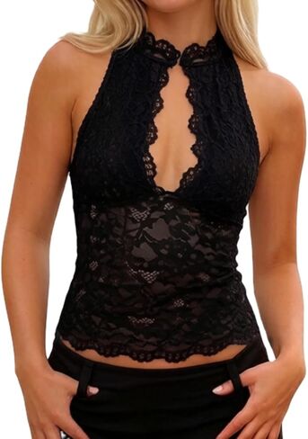Women Sheer Lace Tank Top Sexy Sleeveless Mock See Through Slim Fit Floral Vest Y2K Date Night Shirts in Saudi Arabia