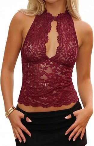 Women Sheer Lace Tank Top Sexy Sleeveless Mock See Through Slim Fit Floral Vest Y2K Date Night Shirts in Saudi Arabia
