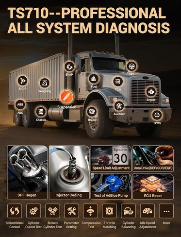 ماسح ضوئي للشاحنات الثقيلة TS710 مزود بـ DPF Regen، أداة مسح ثنائية الاتجاه، 42+ إعادة ضبط ماسح ضوئي الديزل Obd2، أداة تشخيص الشاحنات ذات النظام الكامل 2024 Elite، قارئ الرموز للشاحنات والمركبات التجارية in Saudi Arabia
