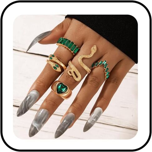 GYRMMUE Green Gemstone Ring Set for Women Crystal Emerald Set Heart Snake Rings Bohemian Ring Gothic Punk Snake Ring Gold Knuckle Finger Rings Reptile Serpent Band Jewelry in Saudi Arabia