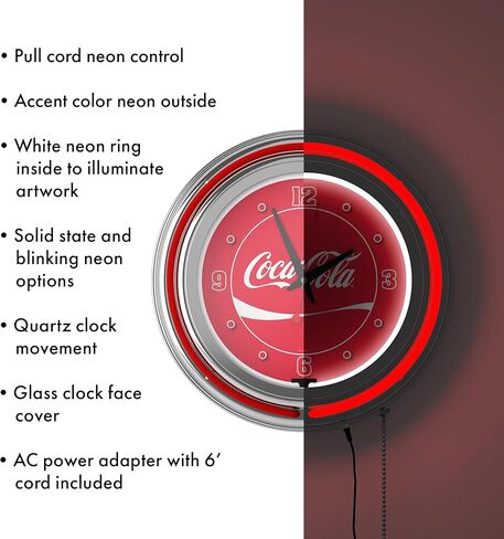 Coca-Cola Retro Neon Wall Clock, 14" Decorative Plug in or Battery Operated Analog Clock with Pull Chain by Trademark Global in Saudi Arabia