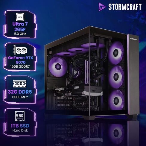 STORMCRAFT Falcon AI Gaming PC Desktop Intel Core Ultra 7 265F 5.3 GHz,Geforce RTX 5070,32GB DDR5 RGB Memory 6000MHz,1TB NVME SSD,360 AIO Cooler,B860 Chipset,850w Gold PSU,WiFi,BT,USB-C Computers in Saudi Arabia