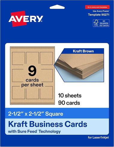 Avery Printable Square Business Cards with Sure Feed Technology, 2.5" x 2.5", Kraft Brown Cardstock, Print-to-the-Edge, Laser/Inkjet Cards, 225 Total in Saudi Arabia