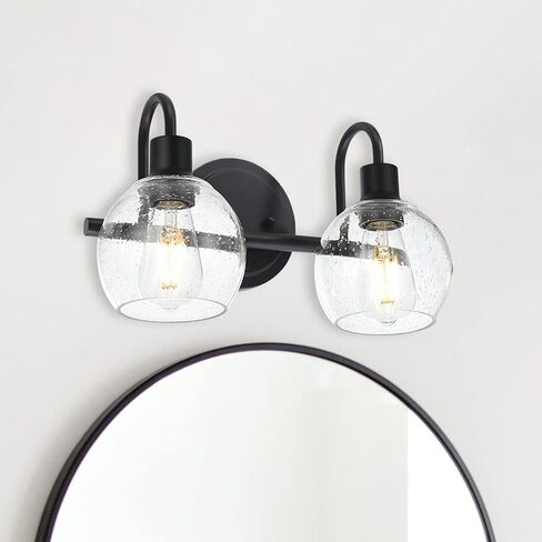 Bathroom Vanity Light with Globe Seeded Glass 2-Lights Industrial Black Wall Sconce Lighting for Foyer Hallway in Kuwait