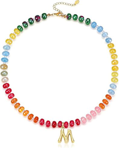Handmade Initial Necklace Colorful Beaded Choker Necklace Natural Stone Letter Charm Necklace for Women Boho Bead Beach Necklace Jewelry Rainbow Necklace Trendy Stuff Gift in Saudi Arabia