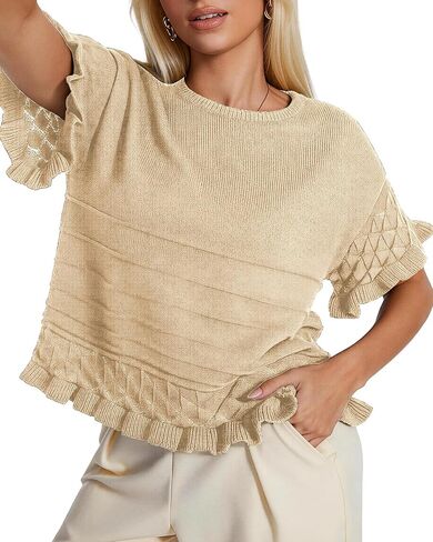 المرأة قصيرة الأكمام متماسكة سترة أعلى كشكش العيينة Pointelle تريكو Crewneck عارضة الصيف السترة القميص in Kuwait
