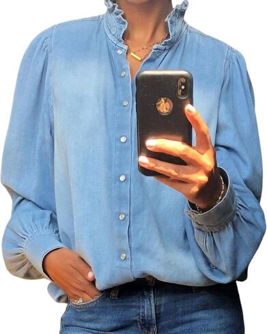 Womens Blue Ruffled Collar Denim Shirt Trendy Snap Fastener Long Sleeve Tops 2025 Fall Western Cowboy Style Tops in Saudi Arabia