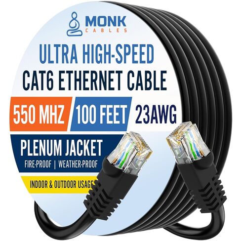 كابلات مونك | كابل إيثرنت CAT6 | الجلسة المكتملة | يو تي بي، 23AWG، 550 ميجا هرتز | معتمد من DSX-8000 | الكابل الأكثر اعتماداً في السوق بأكمله (200 قدم) in Kuwait