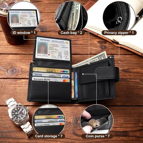 محافظ جلدية للرجال ثنائية الطي، قفل RFID، تصميم ذو سعة كبيرة مع جيب للعملات المعدنية ومشبك للنقود، نمط عمل عصري، محافظ جلدية للرجال بسحاب، أسود in Saudi Arabia