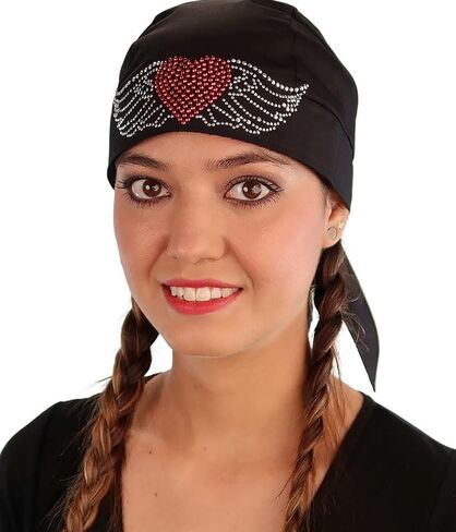 Black Skull Cap with Red Heart and Swirls Rhinestud - American Made Embellished Classic Skull Cap Doo Rag Do Rag Headwrap - Made in USA! in Kuwait