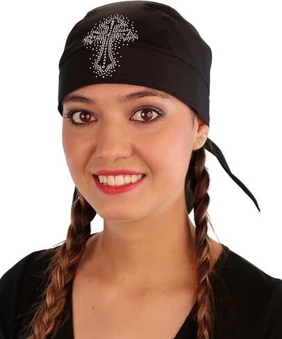 Black Skull Cap with Red Heart and Swirls Rhinestud - American Made Embellished Classic Skull Cap Doo Rag Do Rag Headwrap - Made in USA! in Kuwait