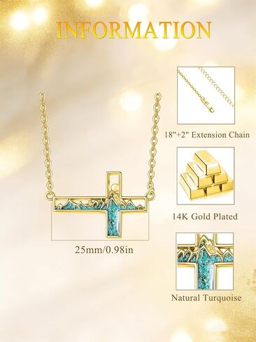 14K Gold Mustard Seed Sideways Cross Necklace for Women Turquoise Mountain Sun Pendant Christian Faith Jewelry First Communion Baptism Confirmation Gifts for Hikers, Climbers and Nature Lovers in Saudi Arabia